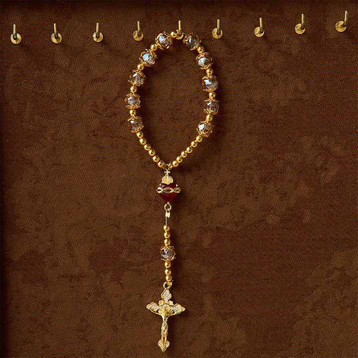 Christianartworkshop Luxuriöser Rosenkranz in Champagnerfarbe mit Herz Jesu und Juwelenkreuz: Gebets- und Autoanhänger in einem. - image 4