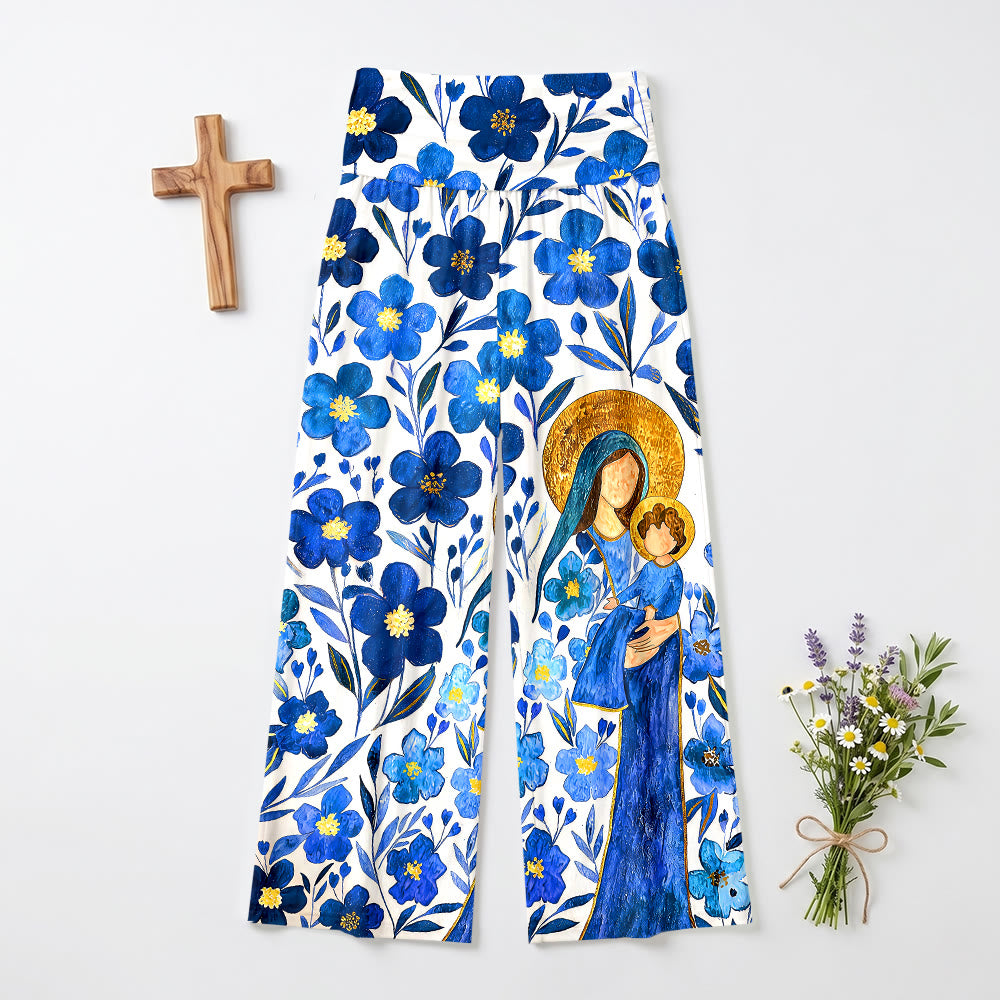 Christianartworkshop Aquarell-Blumenmuster, Jungfrau Maria mit Kind, hochtaillierte Hose mit weitem Bein und hohem Bund zum Umklappen, hochgeschnittene Hose mit weitem Bein - US22, UK/AU26, EU54 (6XL) - image 0