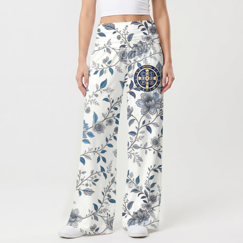 Christianartworkshop Vintage-Hose in Blau-Grau mit floralem Rankenmuster, verziert mit einem Kreuzmedaillon und hohem Bund und weitem Bein - image 1