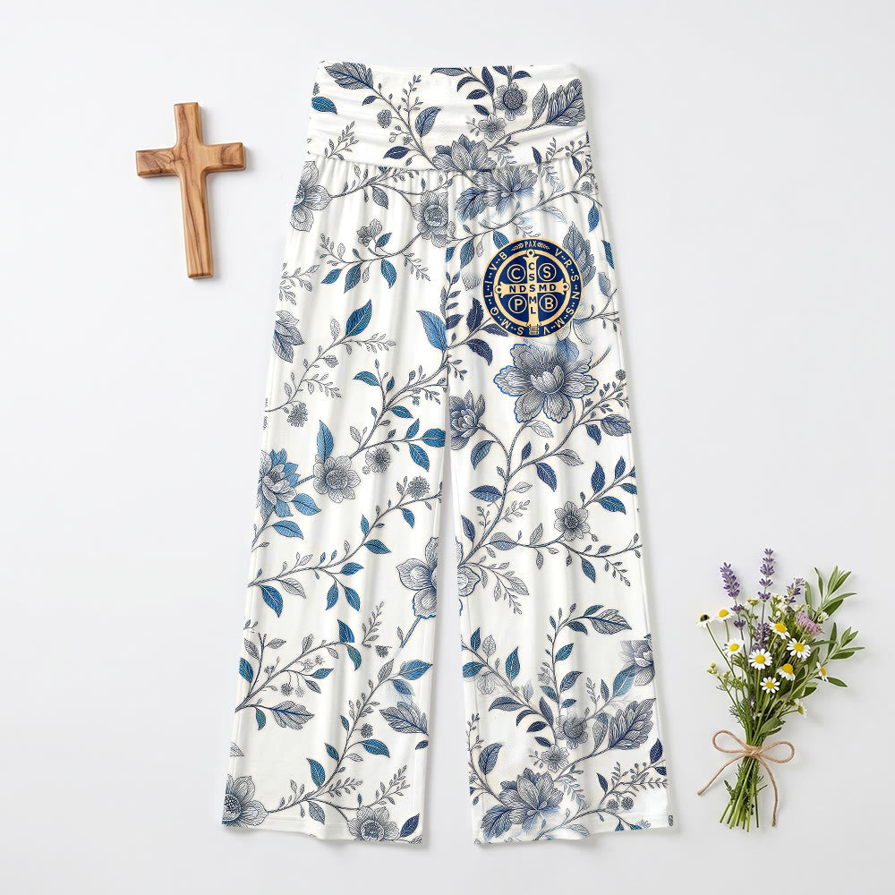 Christianartworkshop Vintage-Hose in Blau-Grau mit floralem Rankenmuster, verziert mit einem Kreuzmedaillon und hohem Bund und weitem Bein - US22, UK/AU26, EU54 (6XL) - image 0