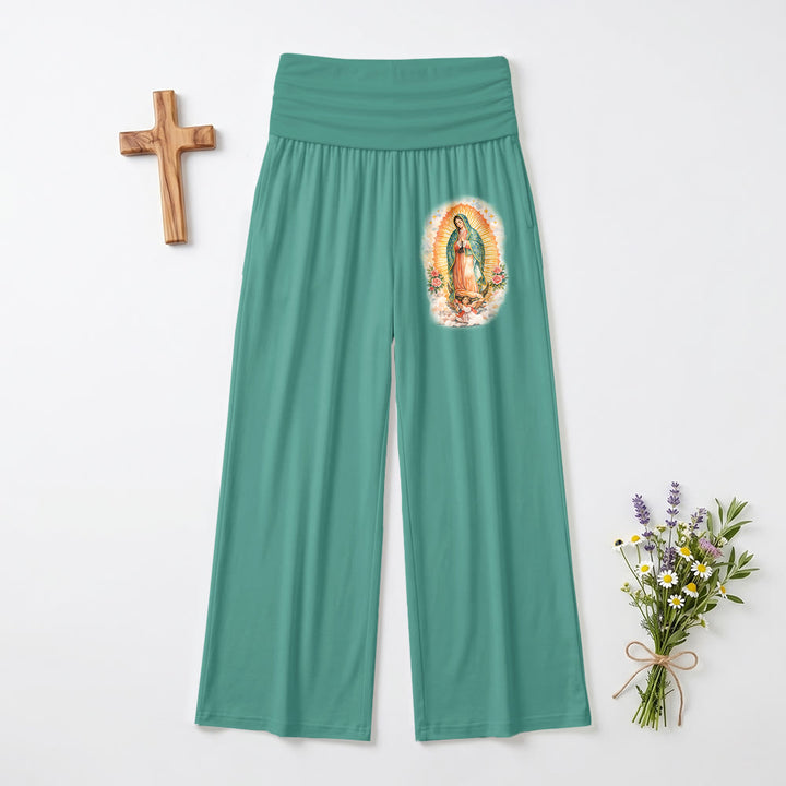 Christianartworkshop Hose mit einfarbigem Aufdruck des Porträts der Jungfrau von Guadalupe, hochgeschnitten und weit geschnitten, mit umklappbarem Bund und weitem Bein - Grün - US22, UK/AU26, EU54 (6XL) - image 0