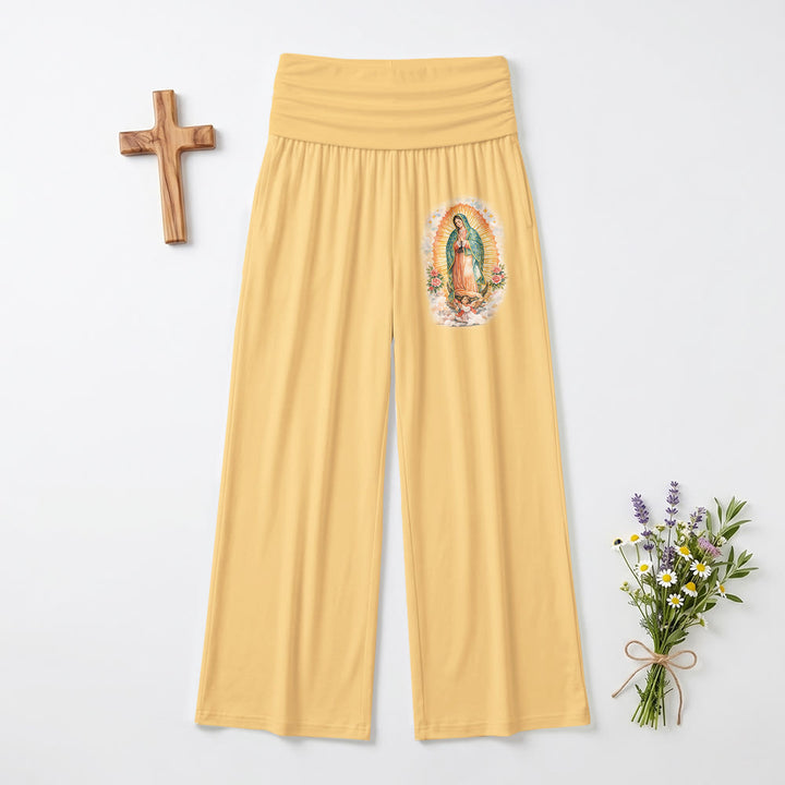 Christianartworkshop Hose mit einfarbigem Aufdruck des Porträts der Jungfrau von Guadalupe, hochgeschnitten und weit geschnitten, mit umklappbarem Bund und weitem Bein - Gelb - US22, UK/AU26, EU54 (6XL) - image 3