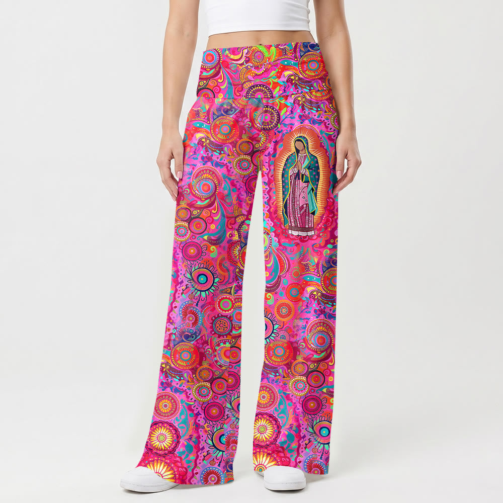 Christianartworkshop Psychedelische, kreisförmige Mandala-Hose mit Guadalupe-Motiv und weitem Bein, hoher Bund. - image 1