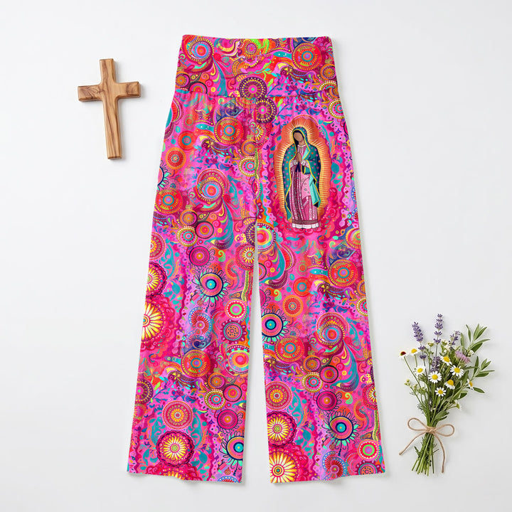 Christianartworkshop Psychedelische, kreisförmige Mandala-Hose mit Guadalupe-Motiv und weitem Bein, hoher Bund. - US22, UK/AU26, EU54 (6XL) - image 0