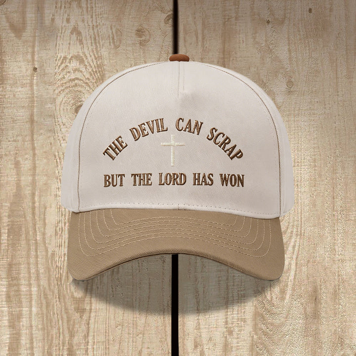 Christianartworkshop Bogen-Schriftzeichen-Kreuzmotiv DER TEUFEL KANN KRACHEN, ABER DER HERR HAT GEWONNEN Stickerei Waschbare Baseballkappe - Khaki - image 4