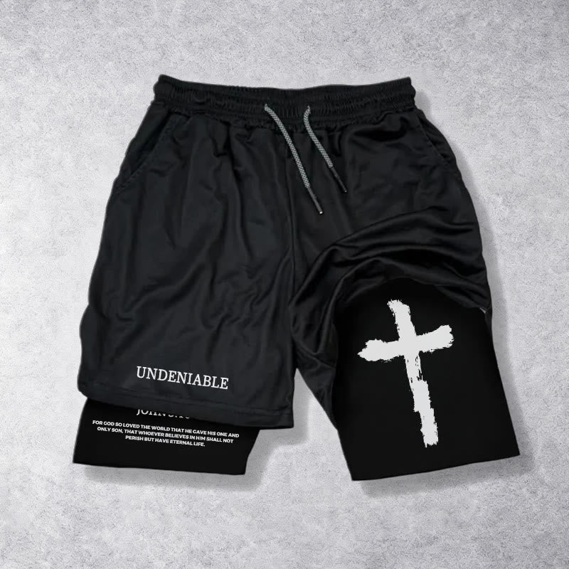 Christianartworkshop Unbestreitbarer Brief, äußeres Pinselstrich-Kreuz, Johannes 3,16 (vollständiger Vers), innere zweilagige Shorts mit Kordelzug, Glaubensshorts - Schwarz - 3XL - image 0