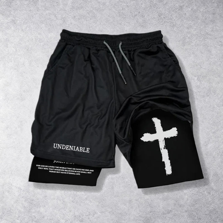Christianartworkshop Unbestreitbarer Brief, äußeres Pinselstrich-Kreuz, Johannes 3,16 (vollständiger Vers), innere zweilagige Shorts mit Kordelzug, Glaubensshorts - Schwarz - 3XL - image 0