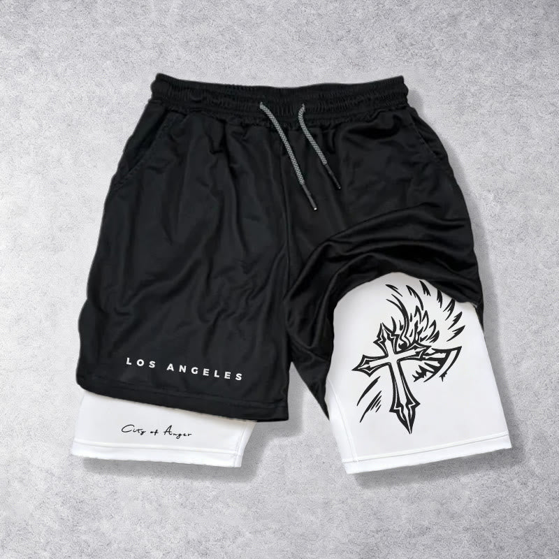 Christianartworkshop Los Angeles Letter Äußeres Flammenflügelkreuz Stadt des Zorns Handschrift Inneres zweilagiger Kordelzug Glaubensshorts - Weiß - 3XL - image 5