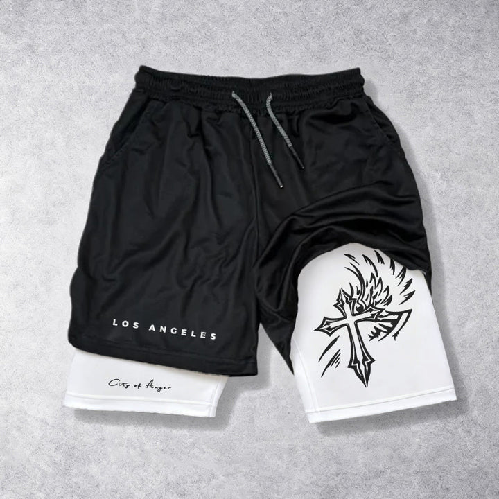 Christianartworkshop Los Angeles Letter Äußeres Flammenflügelkreuz Stadt des Zorns Handschrift Inneres zweilagiger Kordelzug Glaubensshorts - Weiß - 3XL - image 5