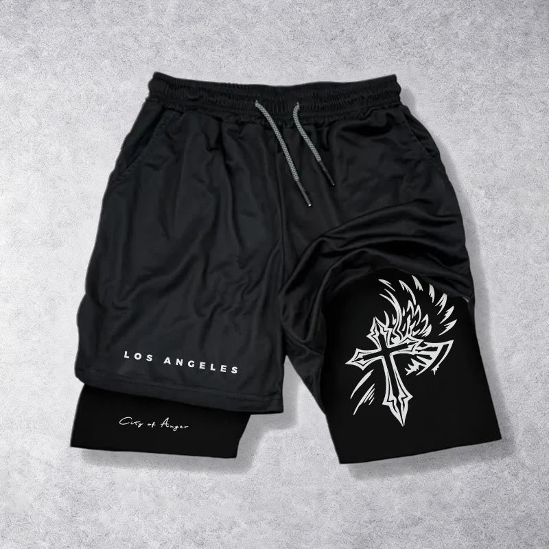 Christianartworkshop Los Angeles Letter Äußeres Flammenflügelkreuz Stadt des Zorns Handschrift Inneres zweilagiger Kordelzug Glaubensshorts - Schwarz - 3XL - image 0