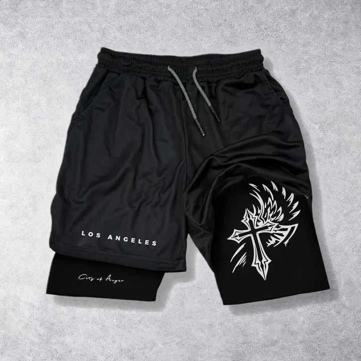 Christianartworkshop Los Angeles Letter Äußeres Flammenflügelkreuz Stadt des Zorns Handschrift Inneres zweilagiger Kordelzug Glaubensshorts - Schwarz - 3XL - image 0