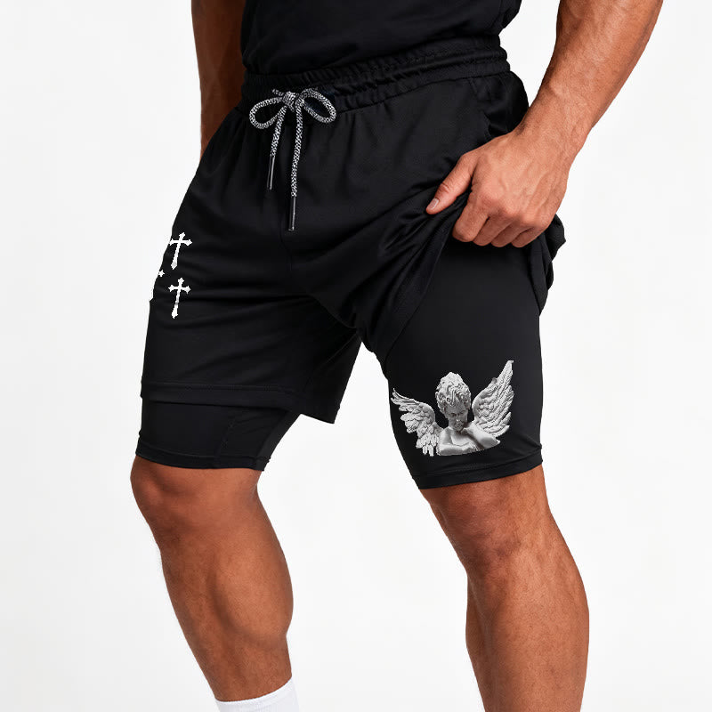 Christianartworkshop Dreifachkreuz-Shorts mit Engelsfigur (außen), zweilagigem Kordelzug und Glaubensgürtel - image 1