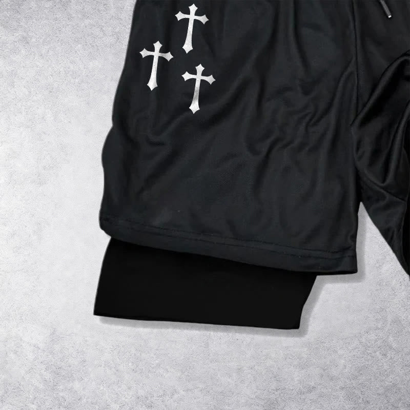 Christianartworkshop Dreifachkreuz-Shorts mit Engelsfigur (außen), zweilagigem Kordelzug und Glaubensgürtel - image 3