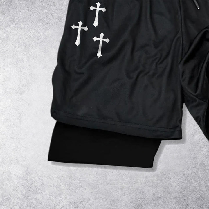 Christianartworkshop Dreifachkreuz-Shorts mit Engelsfigur (außen), zweilagigem Kordelzug und Glaubensgürtel - image 3