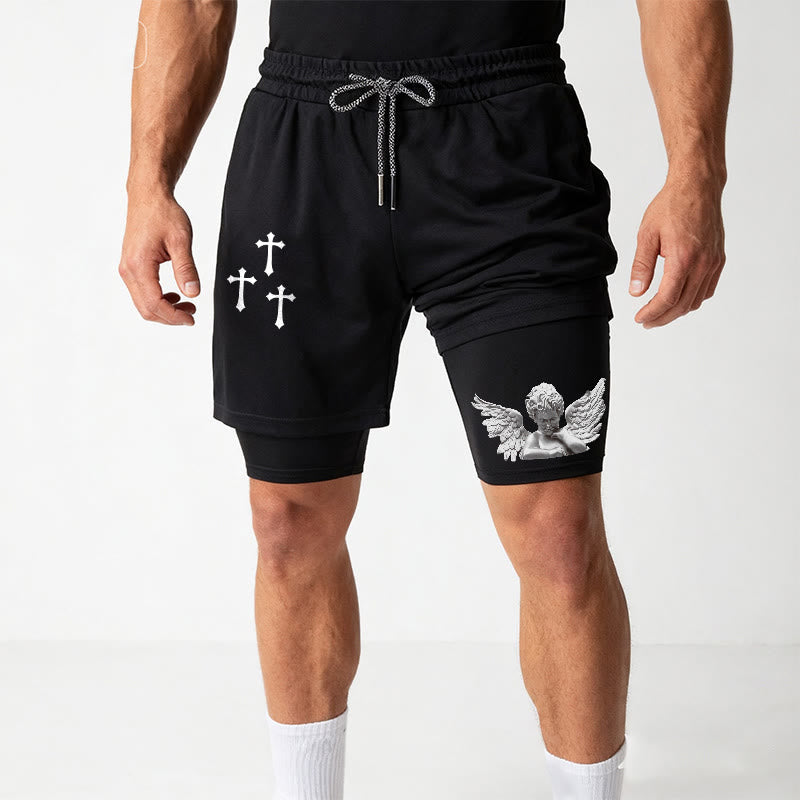 Christianartworkshop Dreifachkreuz-Shorts mit Engelsfigur (außen), zweilagigem Kordelzug und Glaubensgürtel - image 2