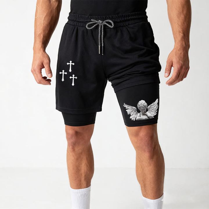 Christianartworkshop Dreifachkreuz-Shorts mit Engelsfigur (außen), zweilagigem Kordelzug und Glaubensgürtel - image 2