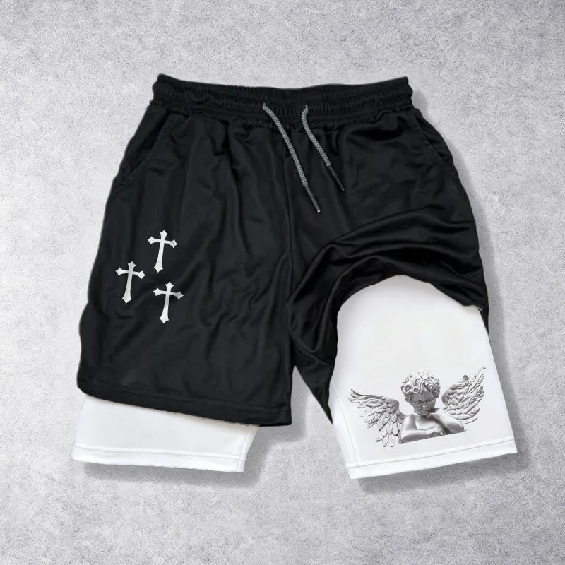 Christianartworkshop Dreifachkreuz-Shorts mit Engelsfigur (außen), zweilagigem Kordelzug und Glaubensgürtel - Weiß - 3XL - image 5