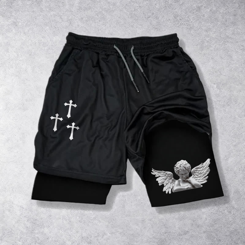Christianartworkshop Dreifachkreuz-Shorts mit Engelsfigur (außen), zweilagigem Kordelzug und Glaubensgürtel - Schwarz - 3XL - image 0