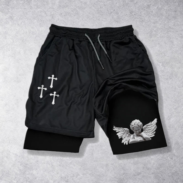 Christianartworkshop Dreifachkreuz-Shorts mit Engelsfigur (außen), zweilagigem Kordelzug und Glaubensgürtel - Schwarz - 3XL - image 0