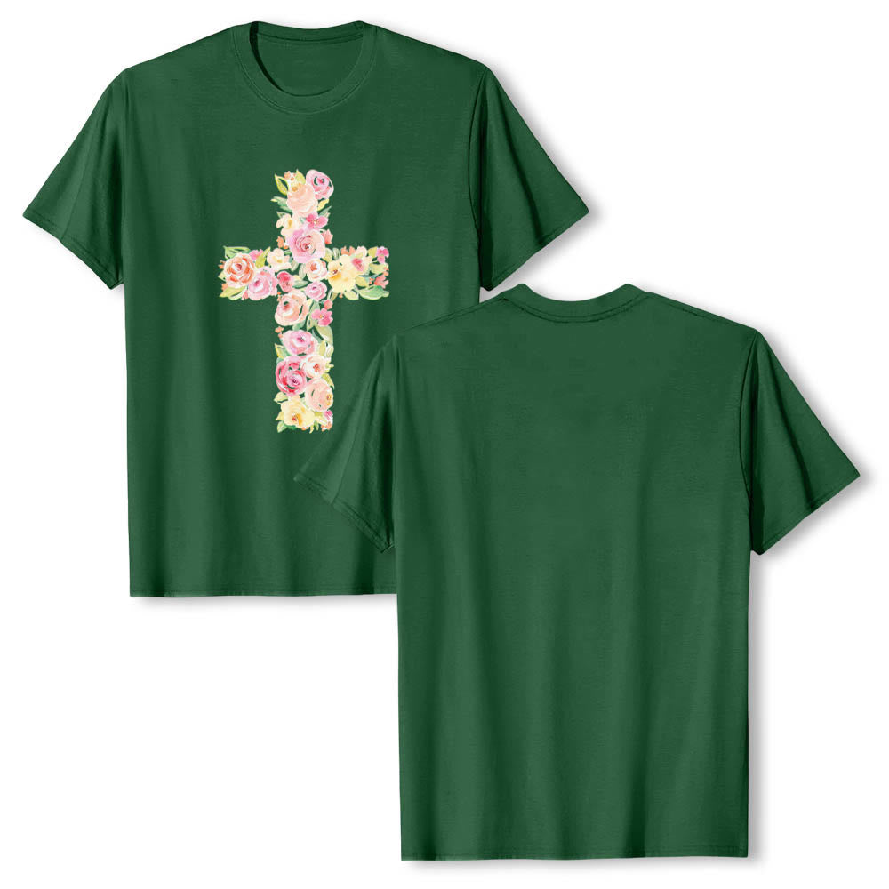 Christianartworkshop Klassisches T-Shirt mit Aquarell-Blumenfüllung und gekreuztem Frontdruck - Dunkelgrün - 2XL - image 3