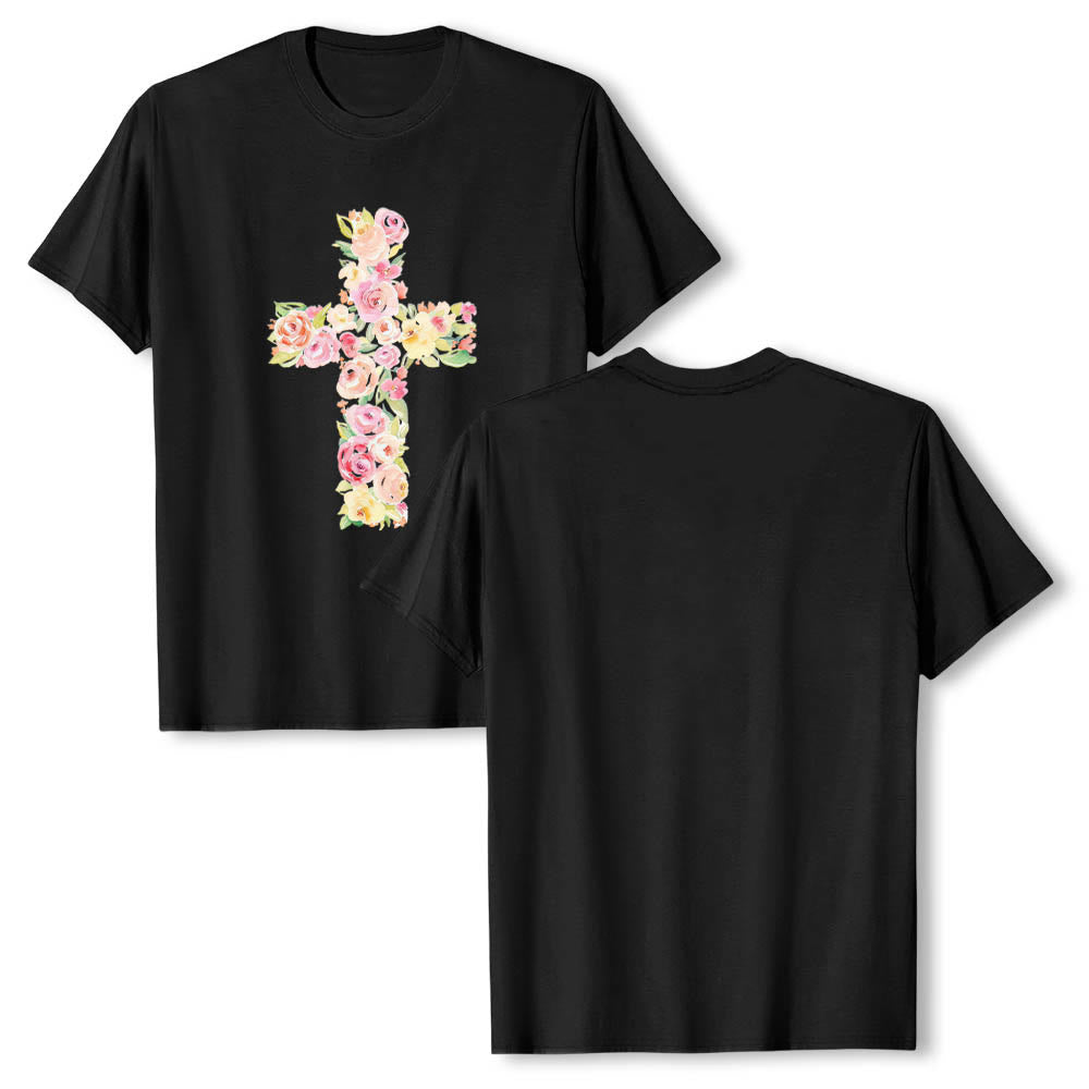 Christianartworkshop Klassisches T-Shirt mit Aquarell-Blumenfüllung und gekreuztem Frontdruck - Schwarz - 2XL - image 6