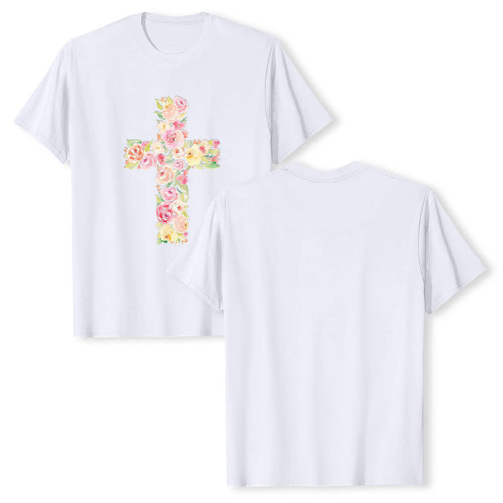 Christianartworkshop Klassisches T-Shirt mit Aquarell-Blumenfüllung und gekreuztem Frontdruck - Weiß - 2XL - image 0