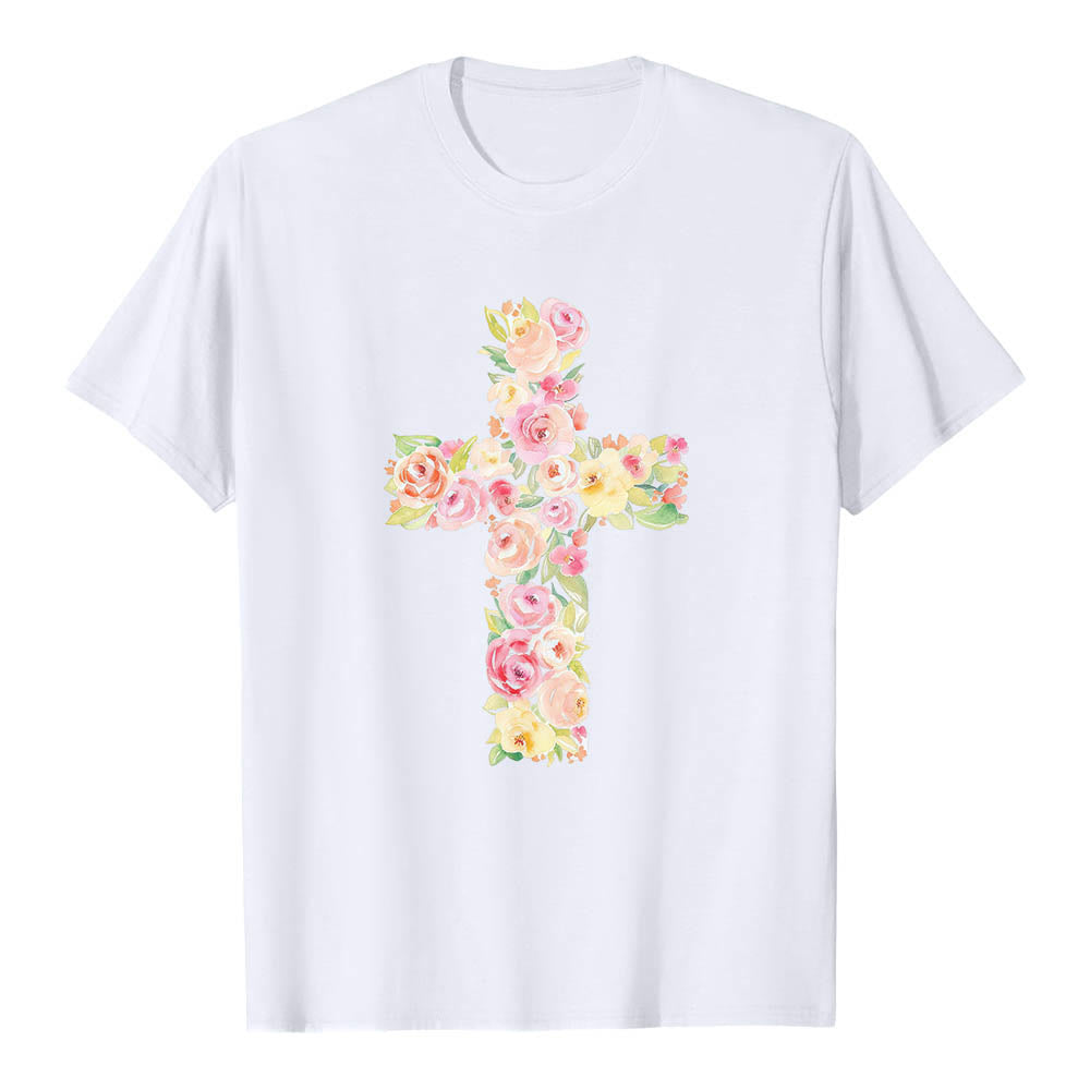 Christianartworkshop Klassisches T-Shirt mit Aquarell-Blumenfüllung und gekreuztem Frontdruck - image 1