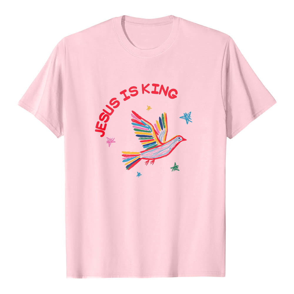 Christianartworkshop Klassisches T-Shirt mit geschwungenem „Jesus Is King“-Schriftzug, handgezeichneter Taube und Stern als Akzent auf der Vorderseite - Rosa - 2XL - image 24