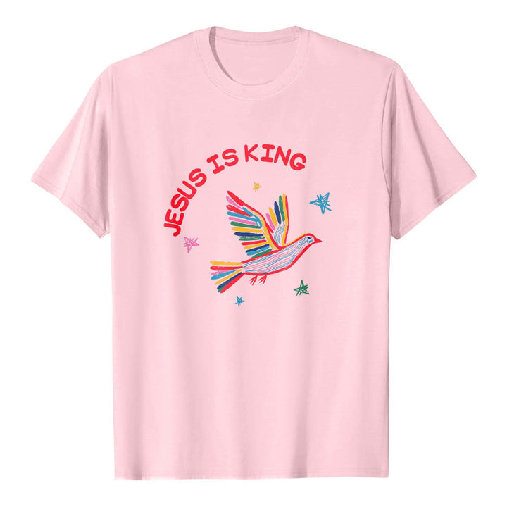 Christianartworkshop Klassisches T-Shirt mit geschwungenem „Jesus Is King“-Schriftzug, handgezeichneter Taube und Stern als Akzent auf der Vorderseite - Rosa - 2XL - image 24