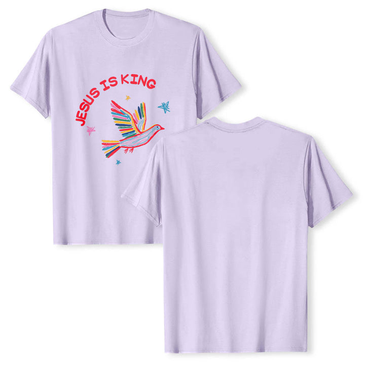 Christianartworkshop Klassisches T-Shirt mit geschwungenem „Jesus Is King“-Schriftzug, handgezeichneter Taube und Stern als Akzent auf der Vorderseite - image 14