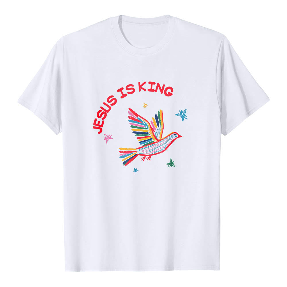 Christianartworkshop Klassisches T-Shirt mit geschwungenem „Jesus Is King“-Schriftzug, handgezeichneter Taube und Stern als Akzent auf der Vorderseite - Weiß - 2XL - image 0
