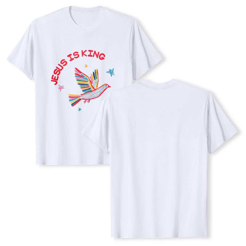 Christianartworkshop Klassisches T-Shirt mit geschwungenem „Jesus Is King“-Schriftzug, handgezeichneter Taube und Stern als Akzent auf der Vorderseite - image 2