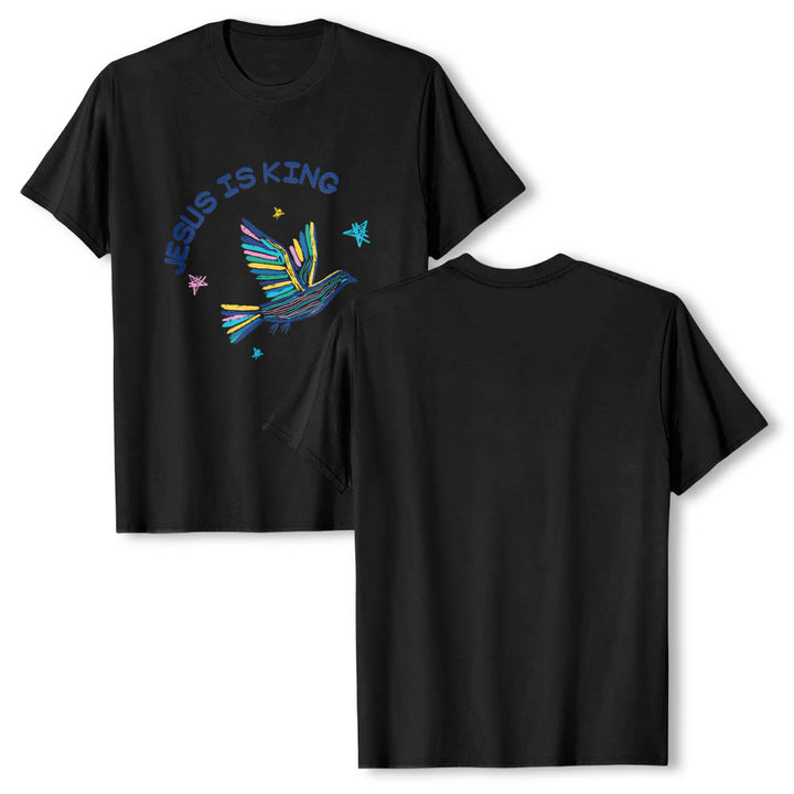 Christianartworkshop Klassisches T-Shirt mit geschwungenem „Jesus Is King“-Schriftzug, handgezeichneter Taube und Stern als Akzent auf der Vorderseite - image 8