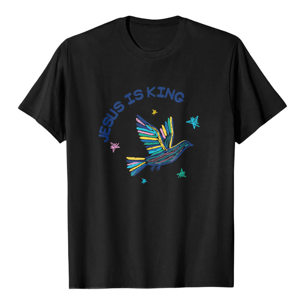 Christianartworkshop Klassisches T-Shirt mit geschwungenem „Jesus Is King“-Schriftzug, handgezeichneter Taube und Stern als Akzent auf der Vorderseite - Schwarz - 2XL - image 6