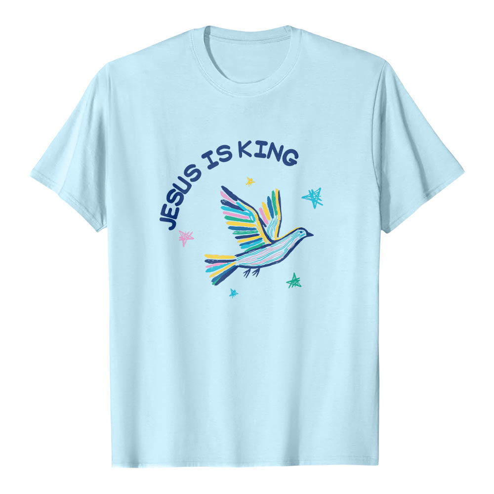 Christianartworkshop Klassisches T-Shirt mit geschwungenem „Jesus Is King“-Schriftzug, handgezeichneter Taube und Stern als Akzent auf der Vorderseite - Blau - 2XL - image 9