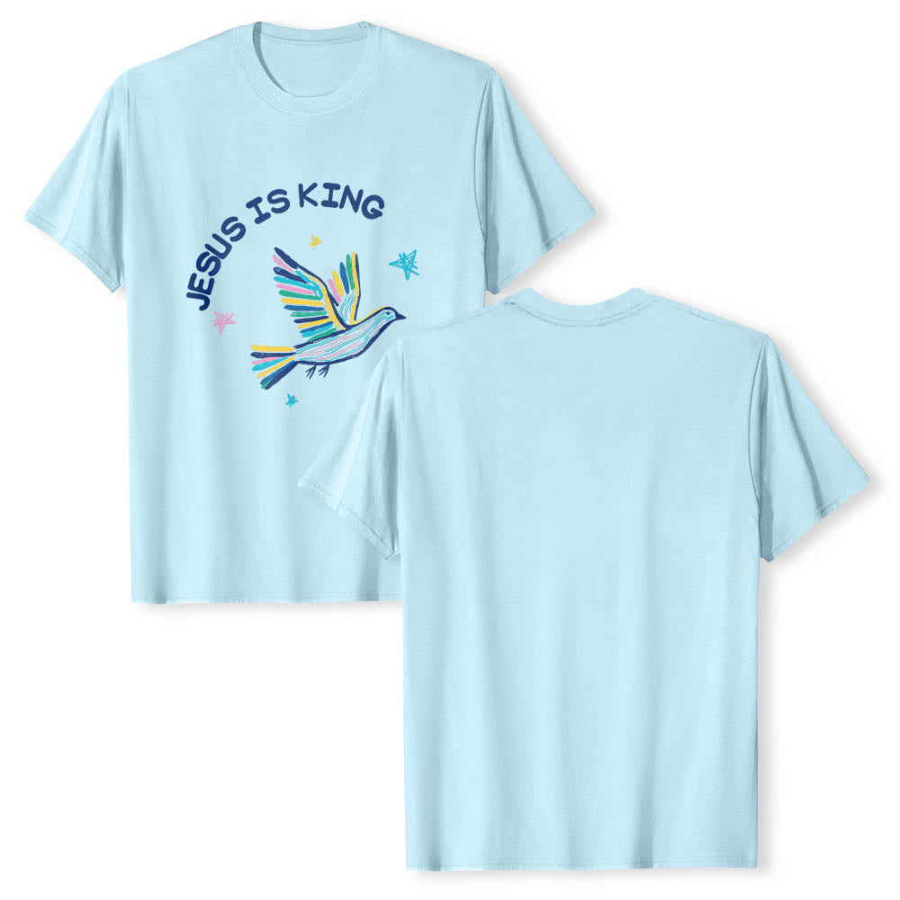 Christianartworkshop Klassisches T-Shirt mit geschwungenem „Jesus Is King“-Schriftzug, handgezeichneter Taube und Stern als Akzent auf der Vorderseite - image 11