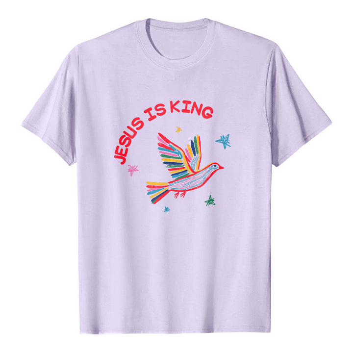 Christianartworkshop Klassisches T-Shirt mit geschwungenem „Jesus Is King“-Schriftzug, handgezeichneter Taube und Stern als Akzent auf der Vorderseite - Lila - 2XL - image 12