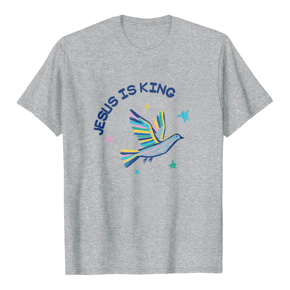 Christianartworkshop Klassisches T-Shirt mit geschwungenem „Jesus Is King“-Schriftzug, handgezeichneter Taube und Stern als Akzent auf der Vorderseite - Grau - 2XL - image 15