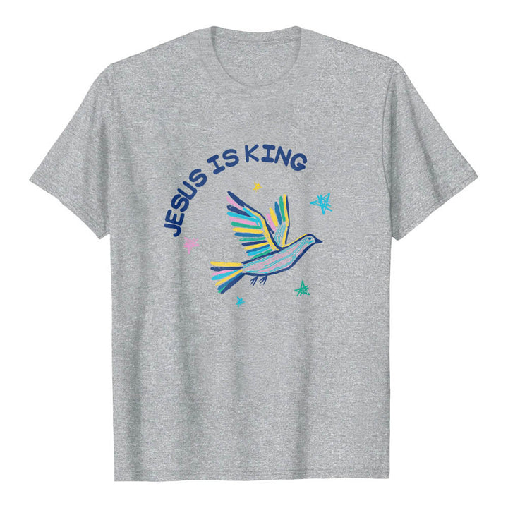 Christianartworkshop Klassisches T-Shirt mit geschwungenem „Jesus Is King“-Schriftzug, handgezeichneter Taube und Stern als Akzent auf der Vorderseite - Grau - 2XL - image 15