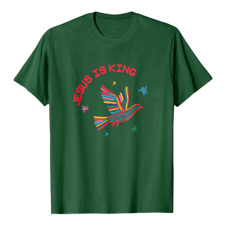 Christianartworkshop Klassisches T-Shirt mit geschwungenem „Jesus Is King“-Schriftzug, handgezeichneter Taube und Stern als Akzent auf der Vorderseite - Dunkelgrün - 2XL - image 3