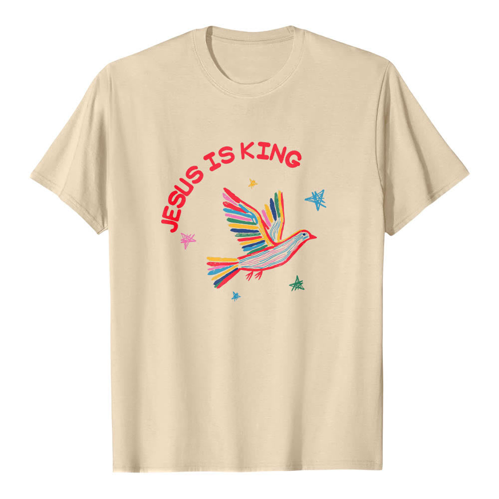 Christianartworkshop Klassisches T-Shirt mit geschwungenem „Jesus Is King“-Schriftzug, handgezeichneter Taube und Stern als Akzent auf der Vorderseite - Beige - 2XL - image 18
