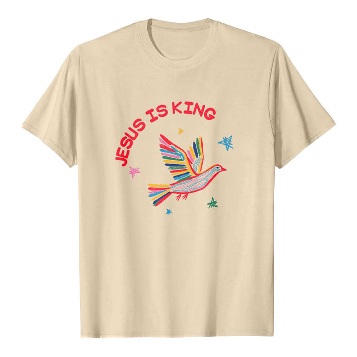Christianartworkshop Klassisches T-Shirt mit geschwungenem „Jesus Is King“-Schriftzug, handgezeichneter Taube und Stern als Akzent auf der Vorderseite - Beige - 2XL - image 18