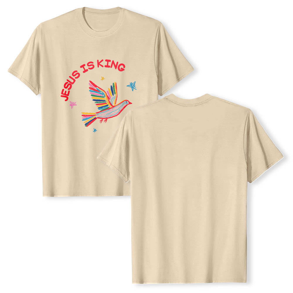 Christianartworkshop Klassisches T-Shirt mit geschwungenem „Jesus Is King“-Schriftzug, handgezeichneter Taube und Stern als Akzent auf der Vorderseite - image 20