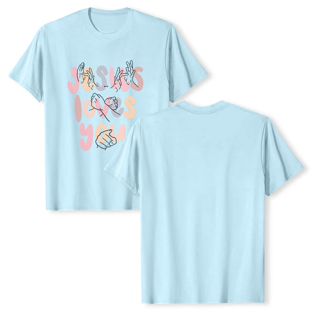 Christianartworkshop Jesus liebt dich – Bubble Letter Gebärdensprache Handlinienkunst Frontdruck Klassisches T-Shirt - image 14