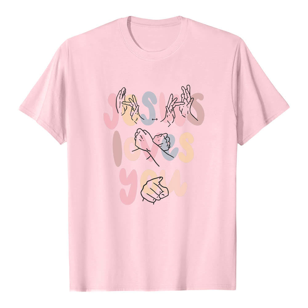 Christianartworkshop Jesus liebt dich – Bubble Letter Gebärdensprache Handlinienkunst Frontdruck Klassisches T-Shirt - Rosa - 2XL - image 24