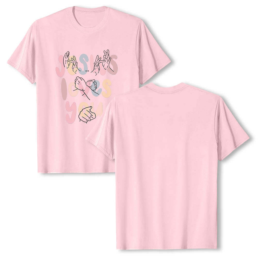 Christianartworkshop Jesus liebt dich – Bubble Letter Gebärdensprache Handlinienkunst Frontdruck Klassisches T-Shirt - image 26