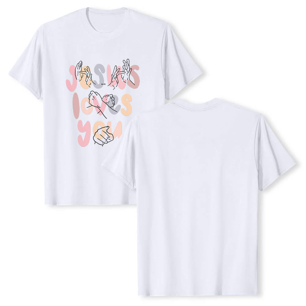Christianartworkshop Jesus liebt dich – Bubble Letter Gebärdensprache Handlinienkunst Frontdruck Klassisches T-Shirt - image 5