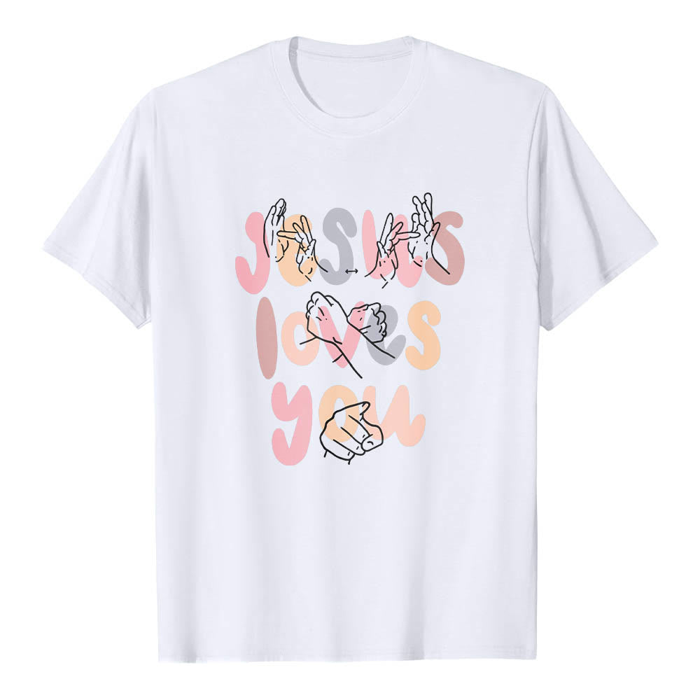 Christianartworkshop Jesus liebt dich – Bubble Letter Gebärdensprache Handlinienkunst Frontdruck Klassisches T-Shirt - Weiß - 2XL - image 3