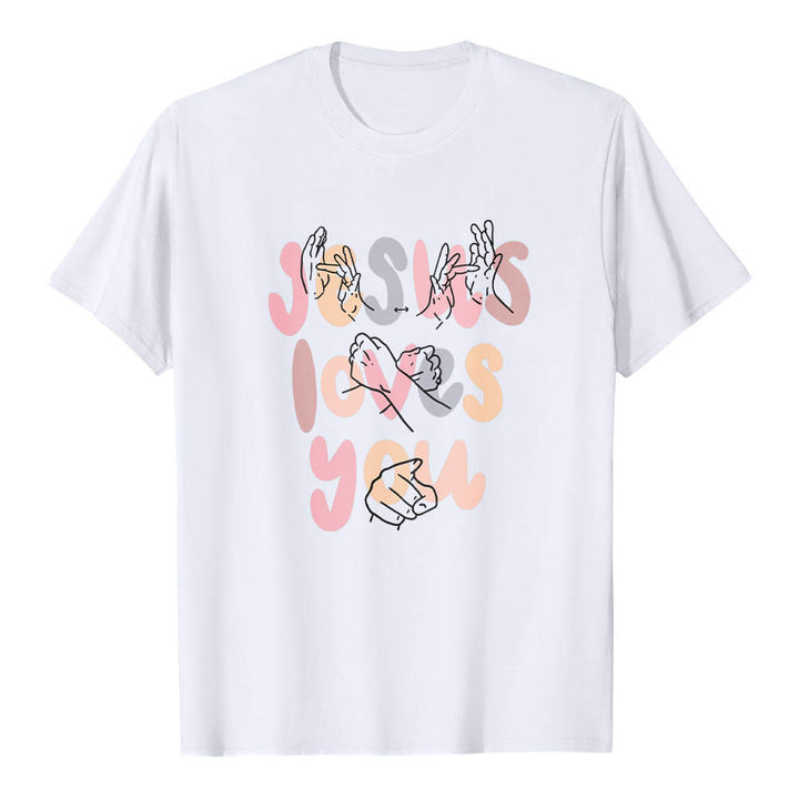 Christianartworkshop Jesus liebt dich – Bubble Letter Gebärdensprache Handlinienkunst Frontdruck Klassisches T-Shirt - Weiß - 2XL - image 3