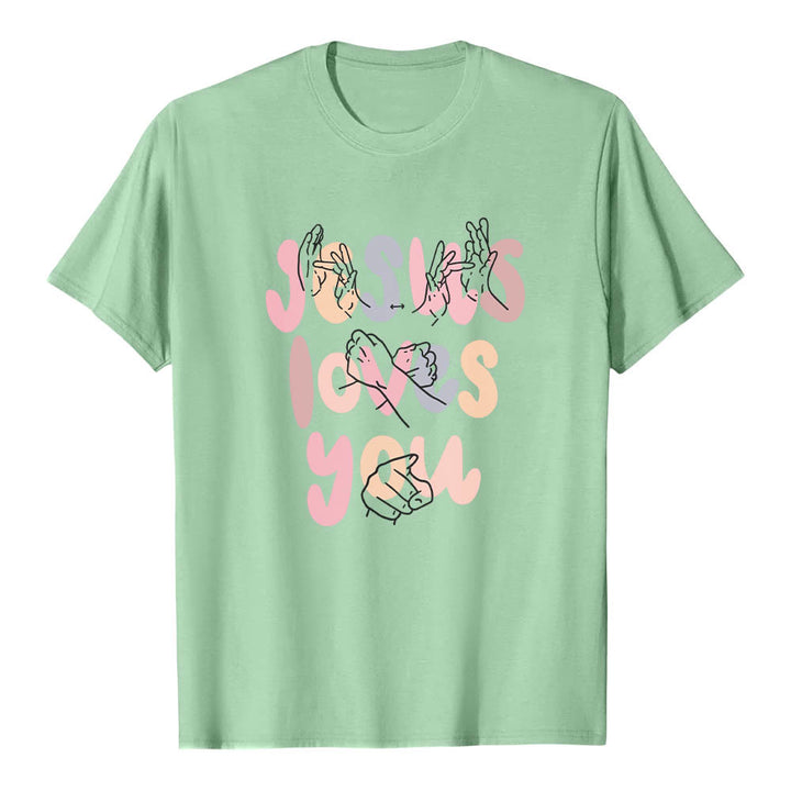 Christianartworkshop Jesus liebt dich – Bubble Letter Gebärdensprache Handlinienkunst Frontdruck Klassisches T-Shirt - Hellgrün - 2XL - image 21